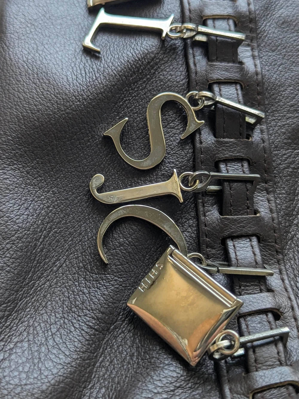Vintage Brown Leather Shoulder Bag with Letter Charms